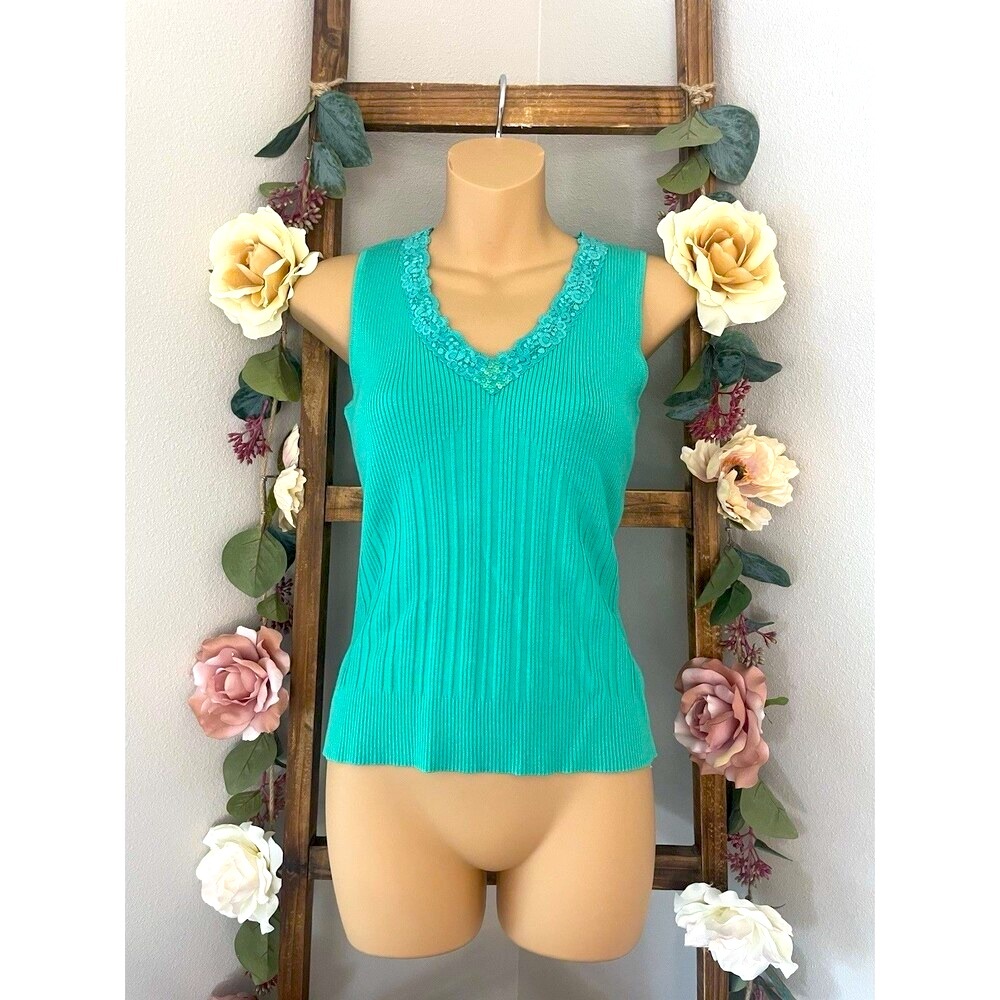 Teal Ribbed Knit Tank Top with Lace V-Neck Trim